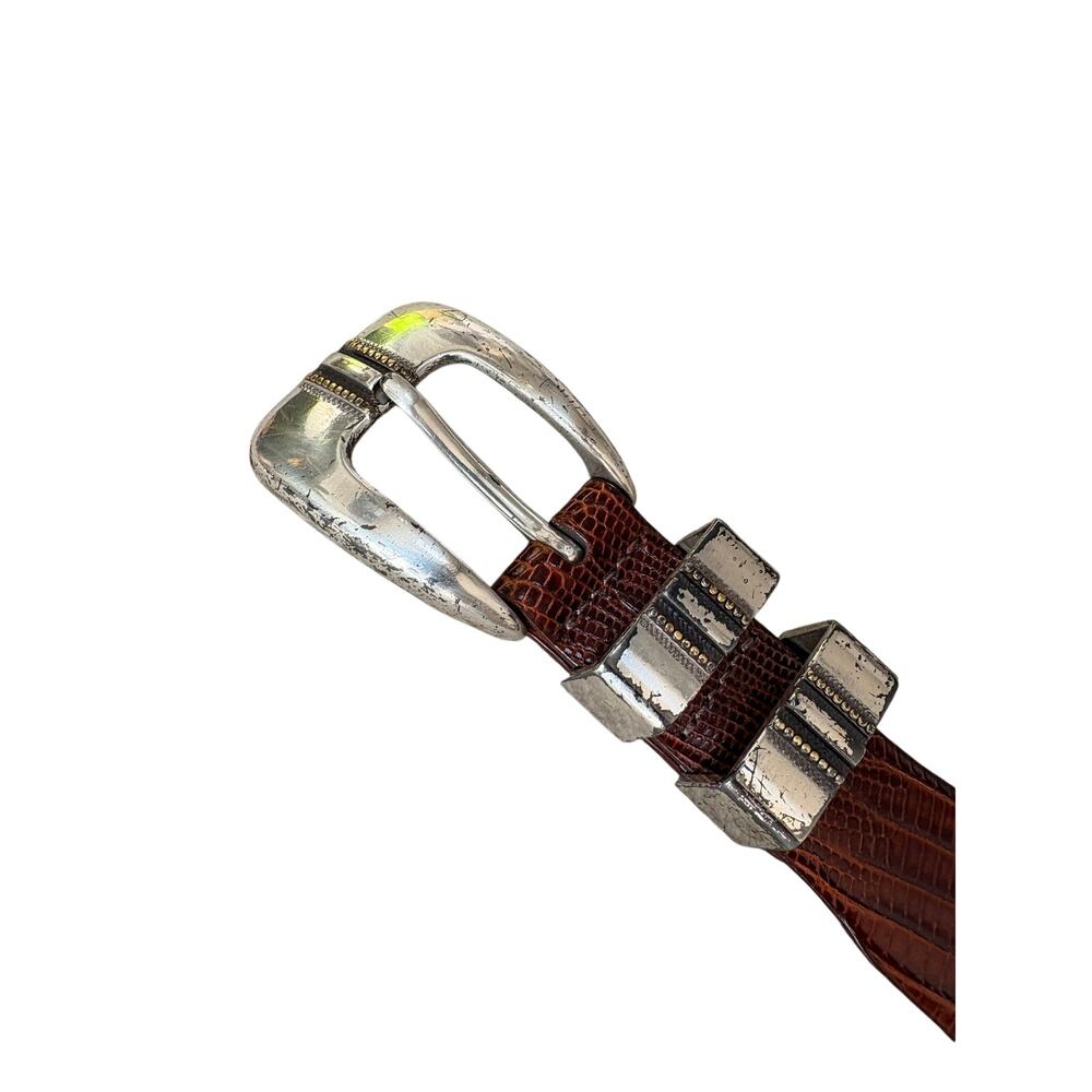 Johnston Murphy Leather Belt 34 Brown Embossed Croc Western Silver - Picture 4 of 6